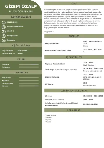 Müzik Öğretmeni Cv Örnekleri cv indir